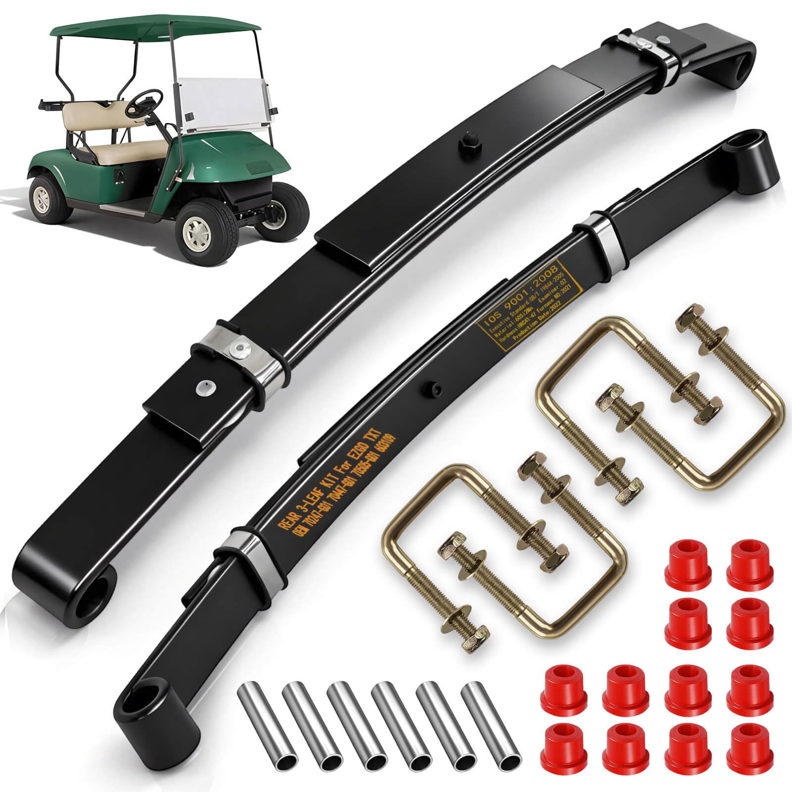 Cartalia Upgraded Heavy Duty Rear 3-Leaf Springs Kit for EZGO TXT/Medalist Electric 1994-2013 and Gas 1996-2008 Golf Cart Suspension with Bushings