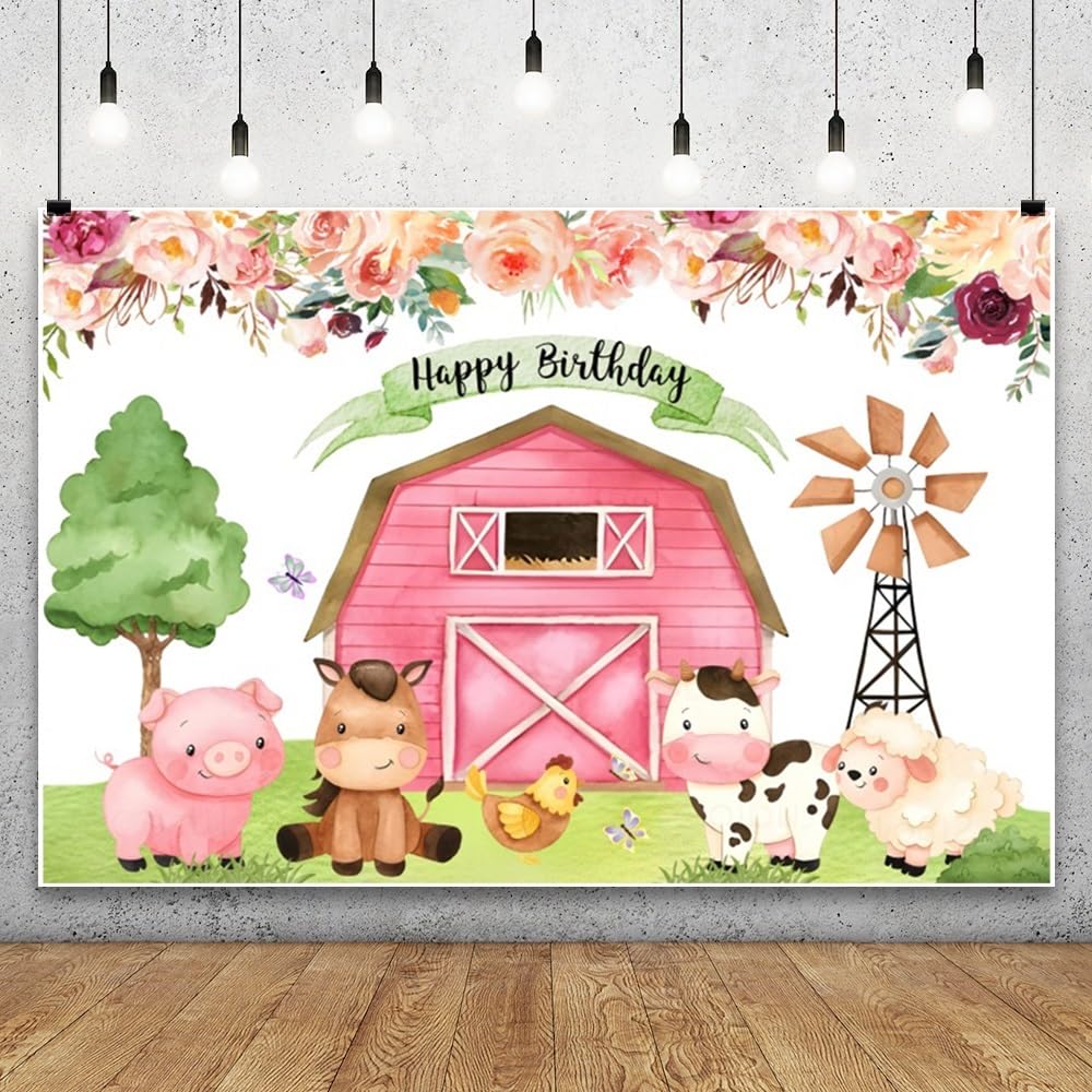 2,2x1,5m Sfondo di buon compleanno Animali della fattoria sfondo fotografico Fienile rosa carino Animale dei cartoni animati Sfondo di fattoria Decorazione per feste di compleanno
