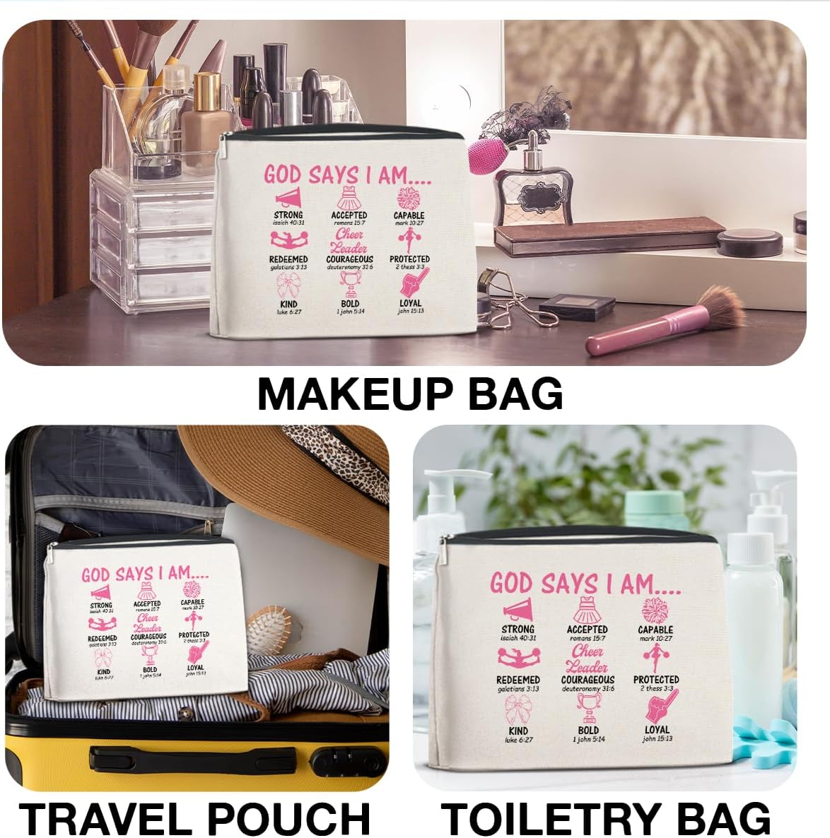Cheer Gifts for Cheerleaders Cosmetic Bag - Cheerleading Gifts Small Makeup Bag God Says I Am Cheerleader Zipper Makeup Pouch (1Pcs) - Image 6
