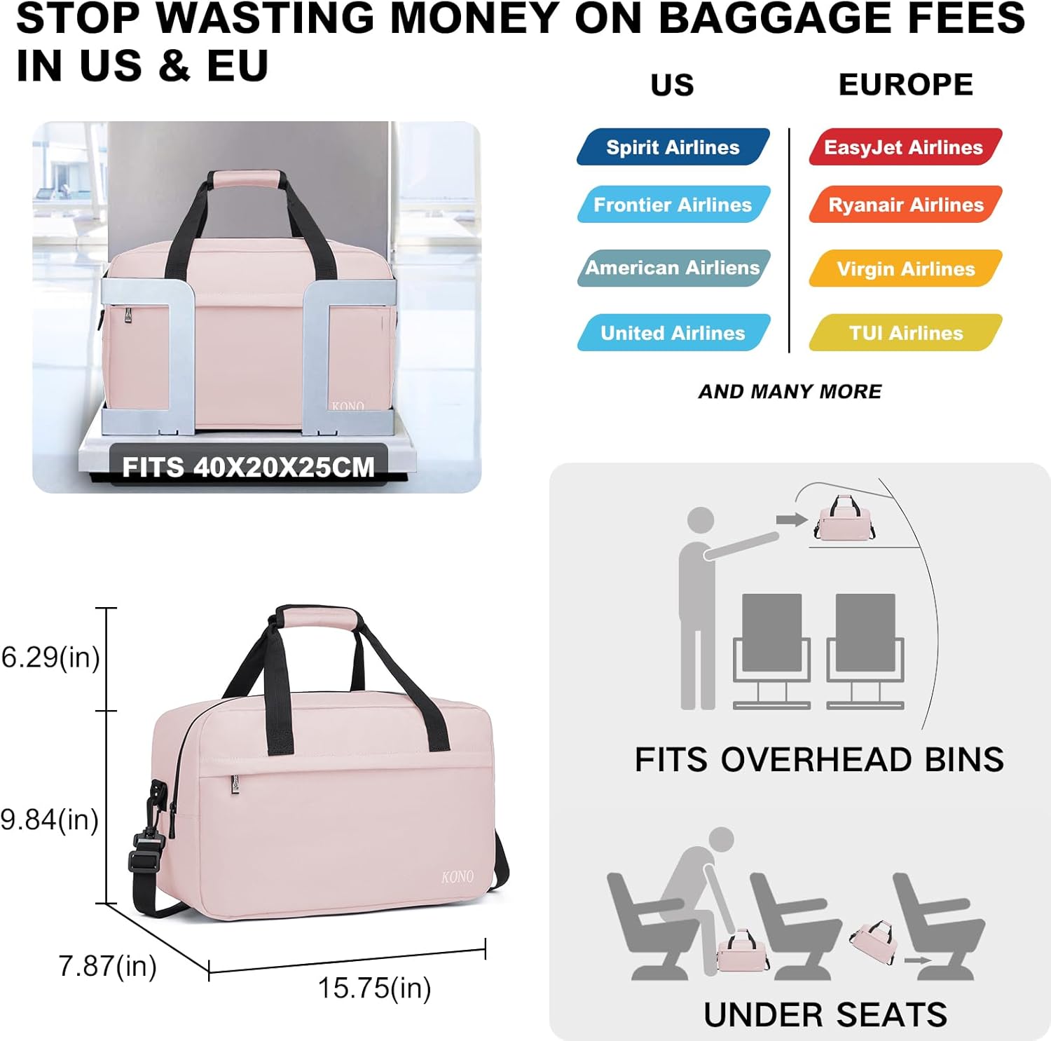 Kono Travel Duffel 20L Under Seat Carry-On Sports Tote Gym Weekender Overnight Bag - 15.75"x9.84"x7.87" Pink - Image 4