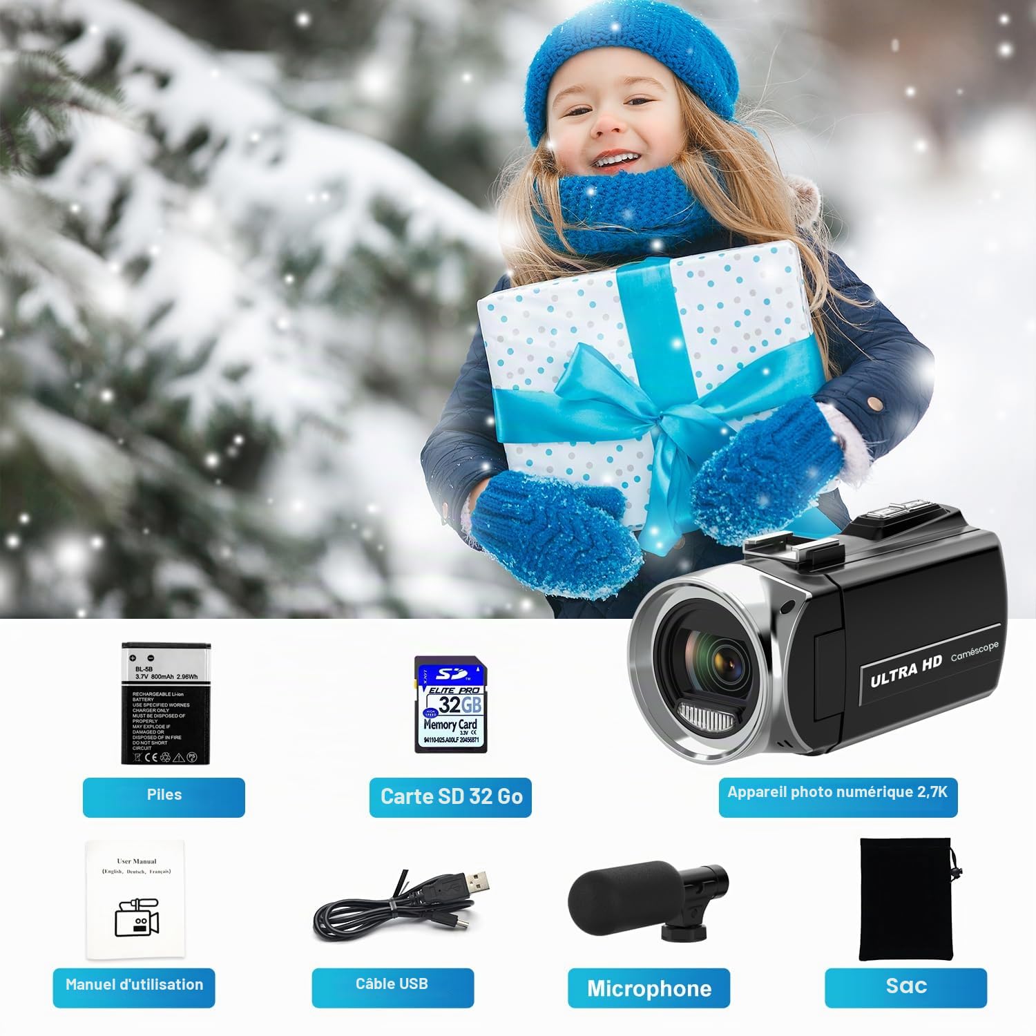 4K Caméra Vidéo Ultra HD 1080P pour Youtube, Zoom Numérique 18X, Écran IPS 3 Pouces Rotatif à 270°, Microphone Intégré