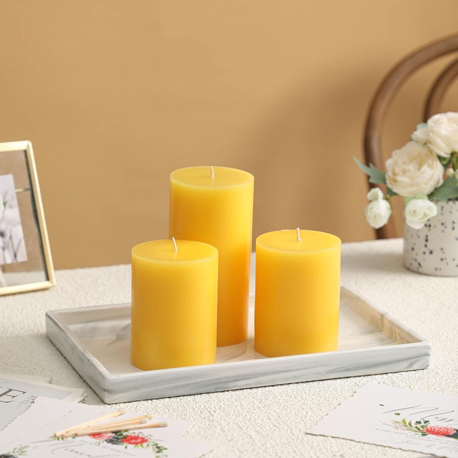 3x4 Inch Yellow Pillar Candles Set of 3 - Decorative Unscented Pillar Candle, Long Burning Dripless Candle for Table Decor, Smokeless Large Pillar Candles for Wedding Table Easter Decor