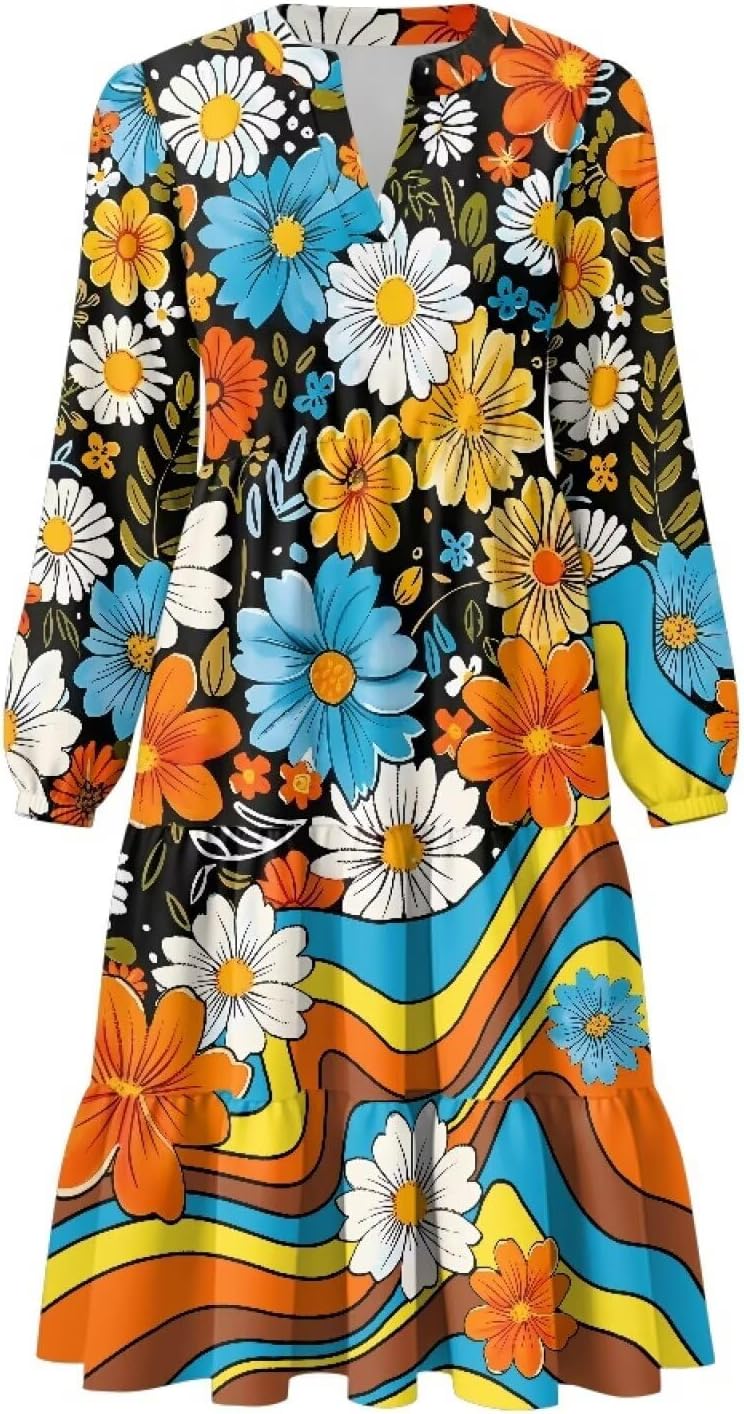 Womens Doll Sleeves Fall Dresses V Neck Midi Dresses Fashion Casual Fit Flowy Tiered Boho Beach Vacation Sundress