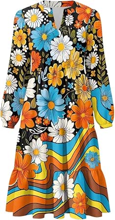 Women's Fall V-Neck Midi Dress with Long Sleeves and Tiered Design