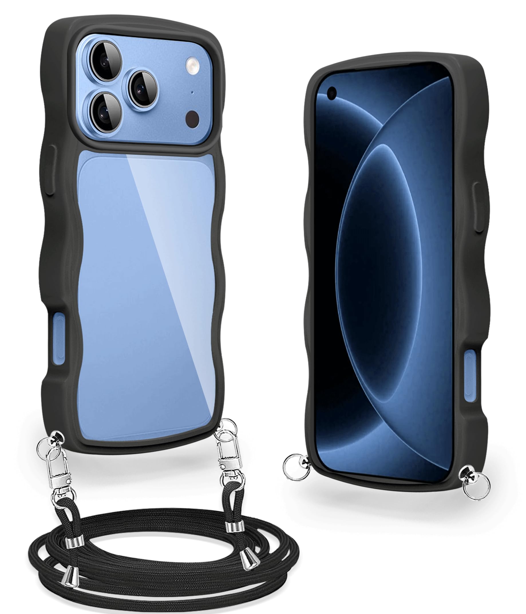 Compatible for iPhone 18 Pro/iPhone 17 Pro ケース クリア ショルダー ストラップ付き アイフォン18 Pro / 17 Pro カバー スマホケース 耐衝撃 透明 肩掛け 斜めかけ 紐付き 縄掛けケース 長さ調整可能 取り外し可能 (ブラック)