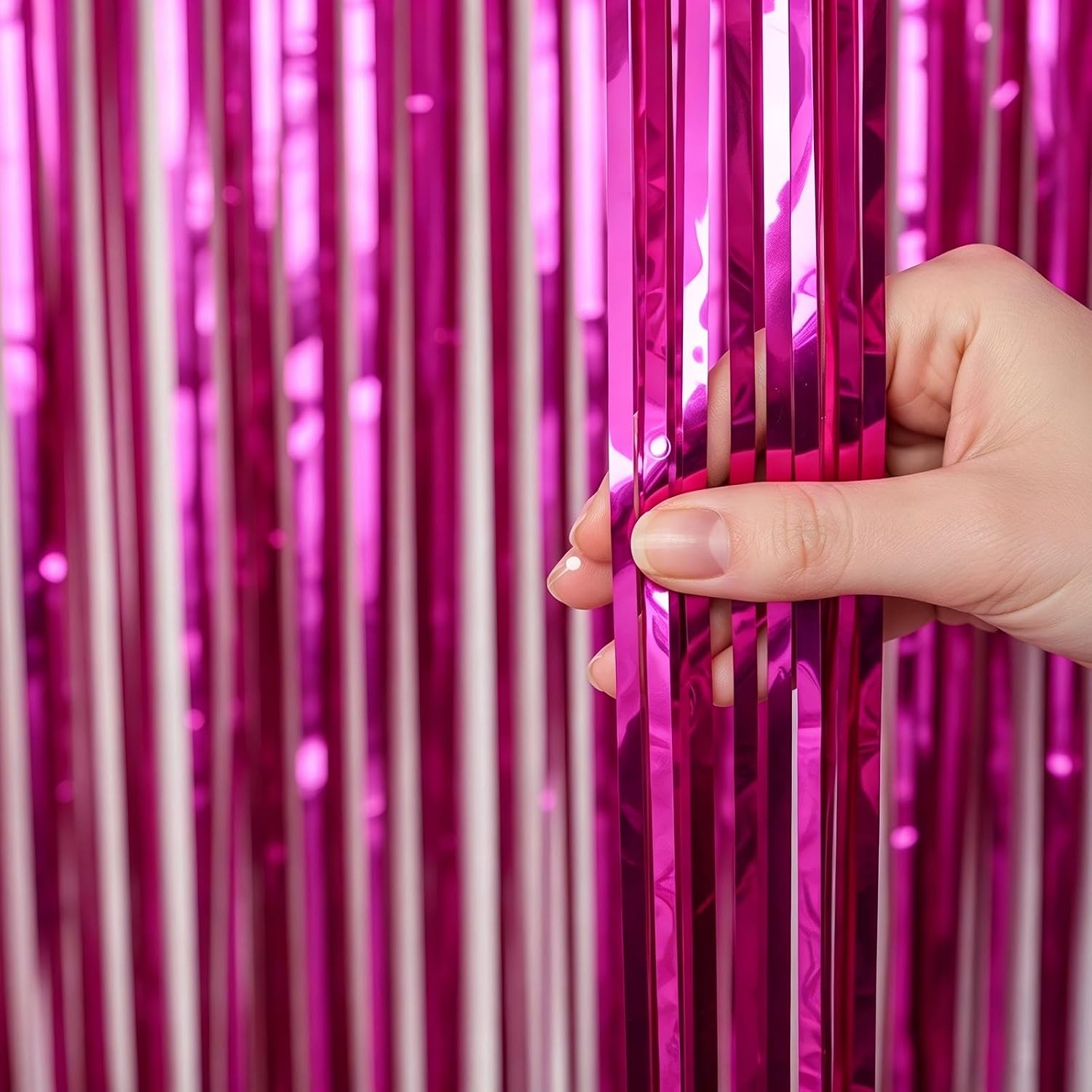 3 Pack Hot Pink Tinsel Fringe Backdrop Curtain, Party Streamer for Party Decor, Birthday, Wedding, Graduation, Christmas, Holiday Party Decorations Photo Booth