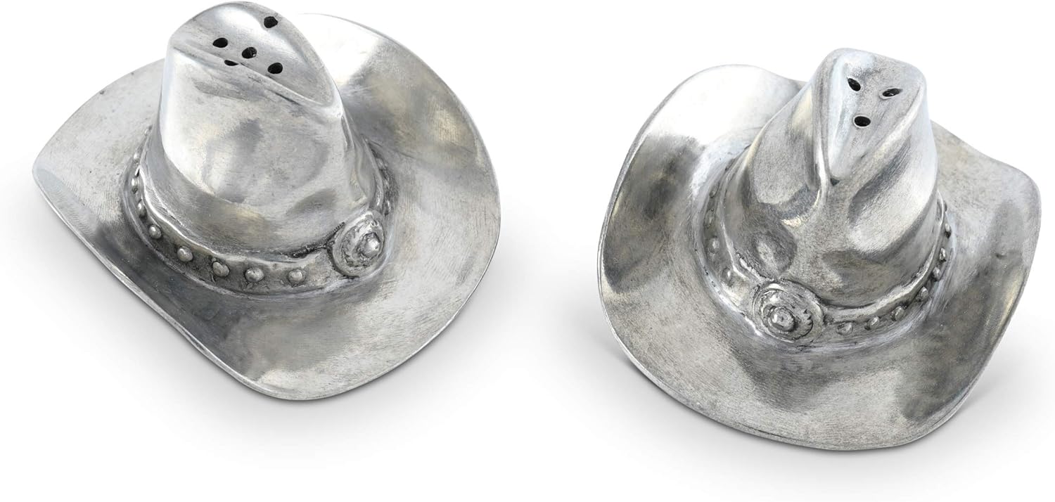Vagabond House Pewter Metal Cowboy Hat Western Style Salt and Pepper Shaker Set 1.5 inch Tall x 3 inch Long