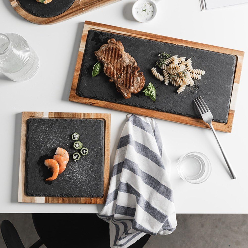 Tabla De Servir De Madera con Pizarra, Plato De Pizza De Madera De Pino, Bandeja De Madera Multiusos para Servir Queso, Plato De Pizarra para Carne Y Pan.