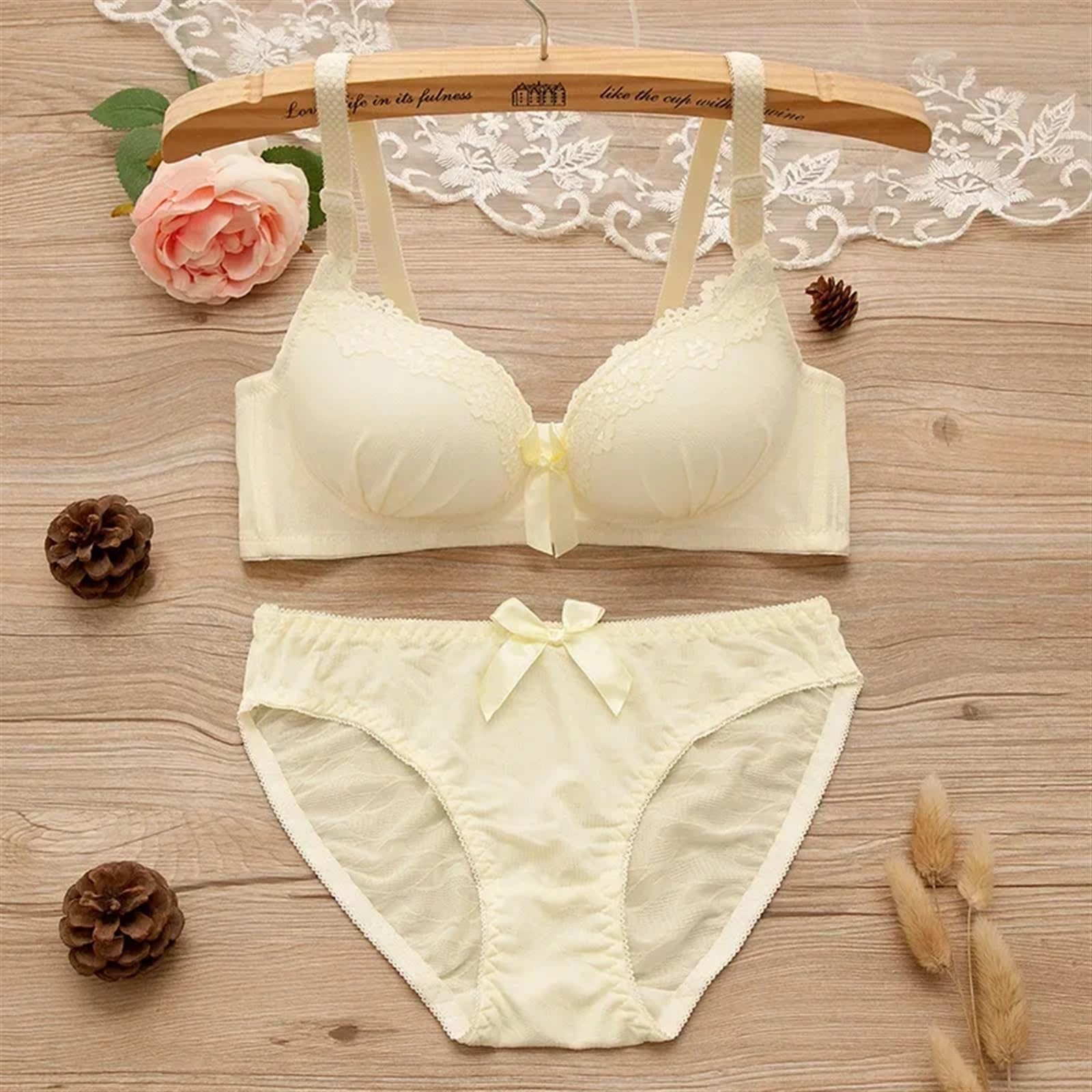 Bragas Braguitas Tangas Conjunto de sujetador de encaje sexy for mujer, sujetador fino, bragas, lencería ajustable, sujetador liso, cintura baja, ropa interior deportiva sin costuras(Yellow,85A)