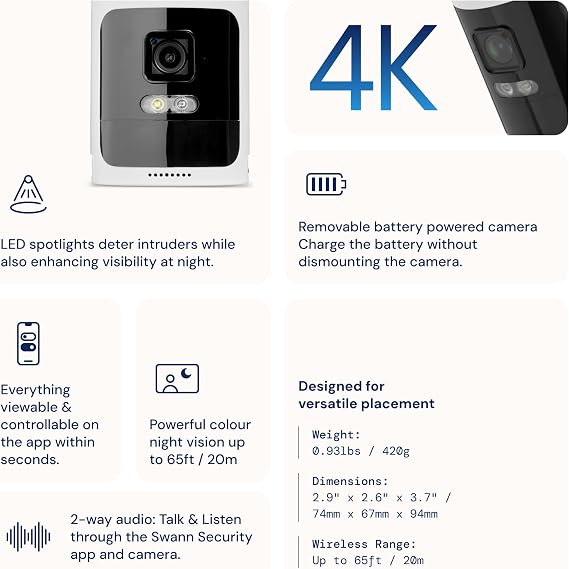 Swann AllSecure 4K Wireless Security System with 3 x Wire-Free Cameras & 3 x Rechargeable Batteries, NVR Tower, Always Charged, Always Secure - AS4K800SD3