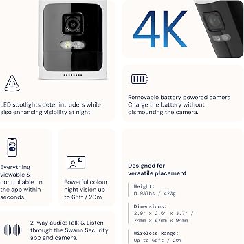 Swann AllSecure 4K Wireless Security System with 3 x Wire-Free Cameras & 3 x Rechargeable Batteries, NVR Tower, Always Charged, Always Secure - AS4K800SD3