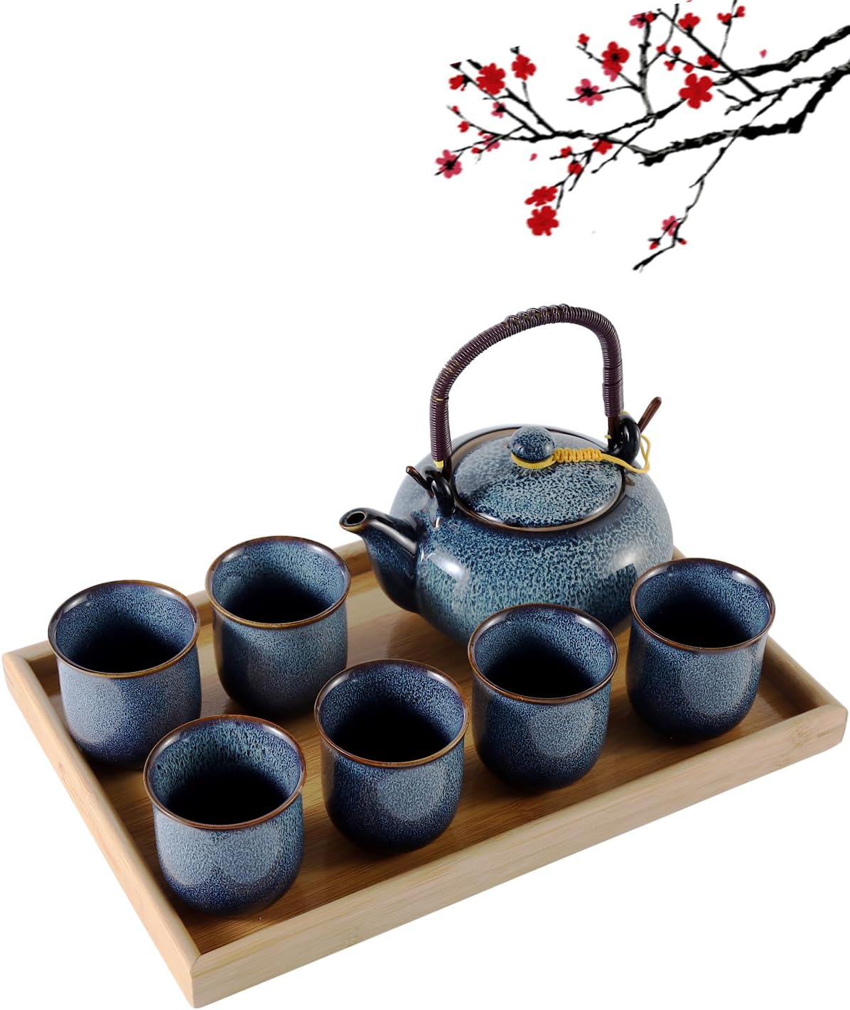 DUJUST Japanese Tea Set for 6, Kiln Altered Glaze Porcelain Tea Set with 1 Teapot, 6 Tea Cups & 1 Tea Tray, Unique Chinese Tea Sets for Adults/Tea Lovers/Women/Men, Blue