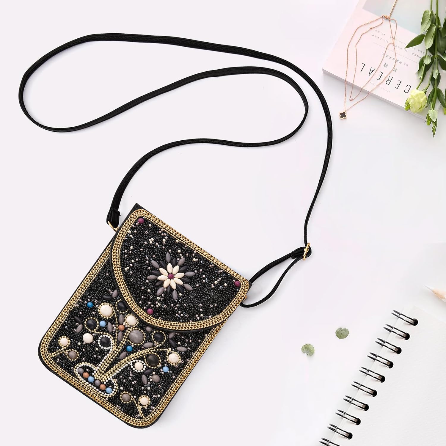 Small Beaded Crossbody Bag for Women, Boho Cell Phone Shoulder Purse Wallet with Handcrafted Colorful Beads - Image 3