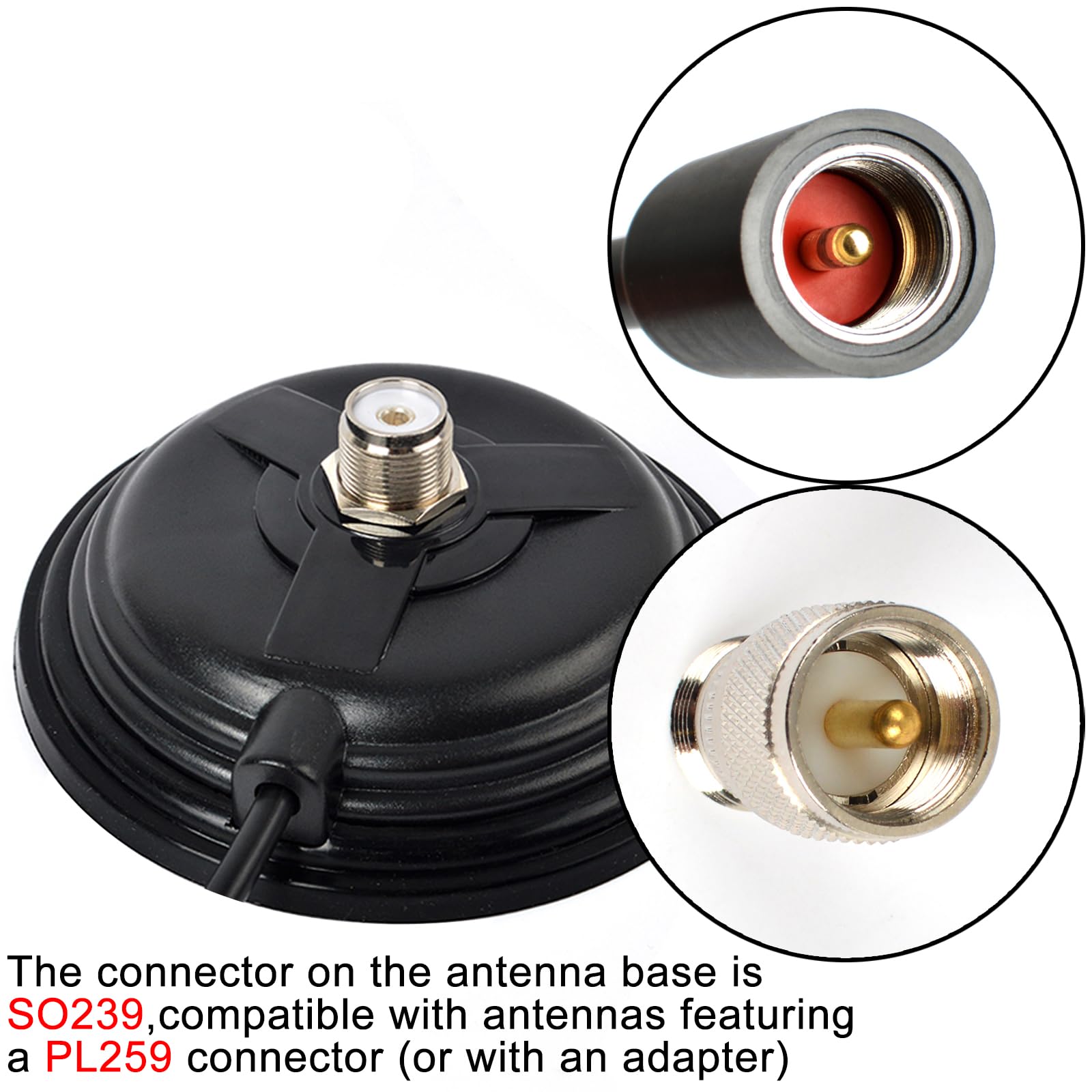 SO239 Base Montage Magnétique pour Antenne CB/VHF/UHF, avec Câble Coaxial RG58 PL259 de 5 mètres/16,4 Pieds, pour Voiture/Camion et Extérieur
