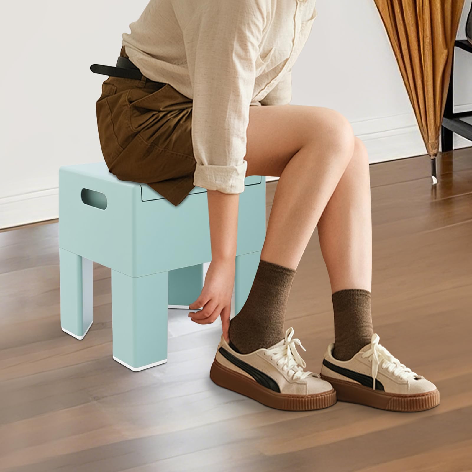 Sgabello basso in plastica con spazio per riporre le scarpe, per corridoio, soggiorno, bagno, moderno, 40 x 37 x 31 cm, fino a 100 kg (blu marino)