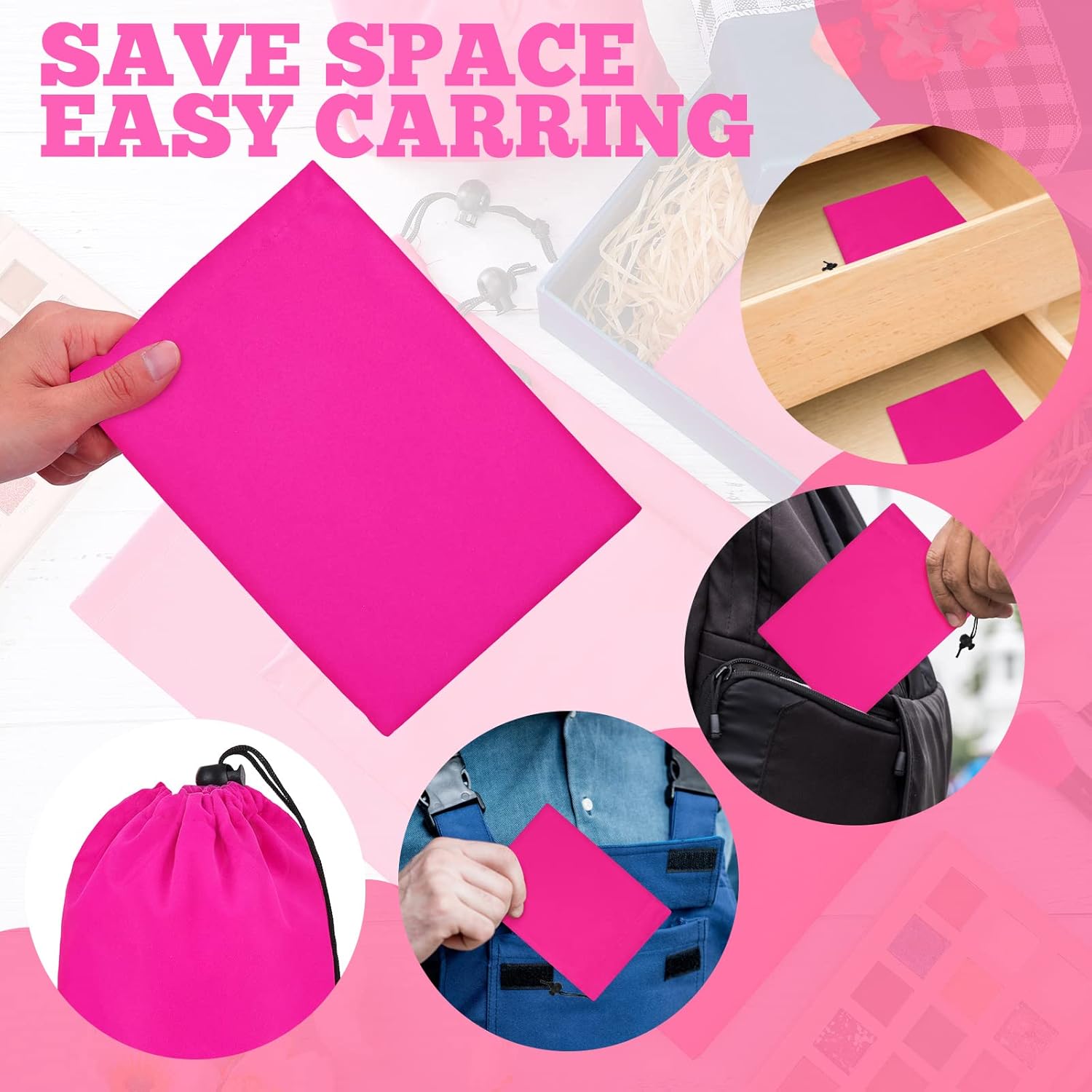 6 Pieces Foldable Toy Storage Adult Bags Multi Purpose Toys Storage 3 Sizes Adjustable Ditty Bag Microfiber Pouch for Game Toy Home Travel, Hot Pink