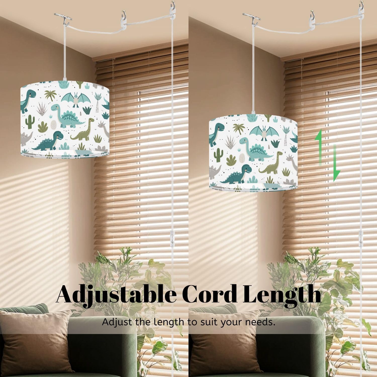 Plug in Pendant Light Cute Cartoon Dinosaur Green Teal Dinosaurs Tropical Plants Hanging Light with Plug in Clear Cord Dimmable Switch Linen Shade Hanging Lamp Fixture for Bedroom Kitchen