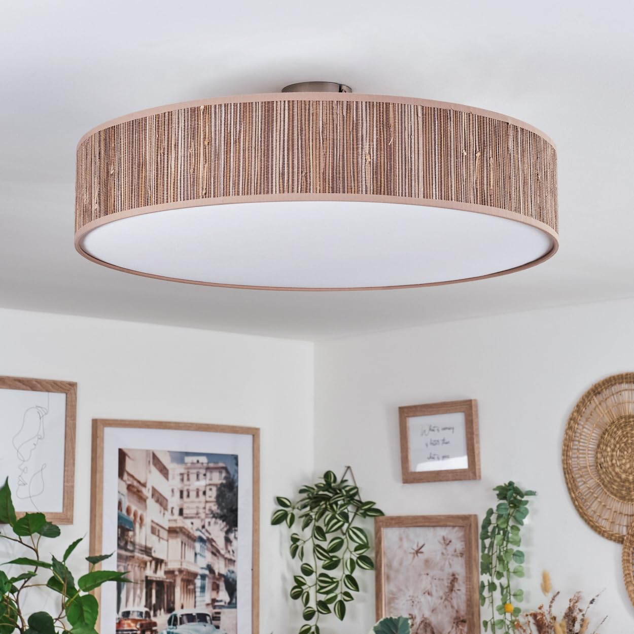 HOFSTEIN Deckenleuchte Foggia, Deckenlampe aus Metall/Schilfgras/Kunststoff in Nickel-matt/Braun/Weiß, runde Leuchte im modernen Boho-Design (Ø 60 cm), E27, Esszimmer, Wohnzimmer, Schlafzimmer, Küche