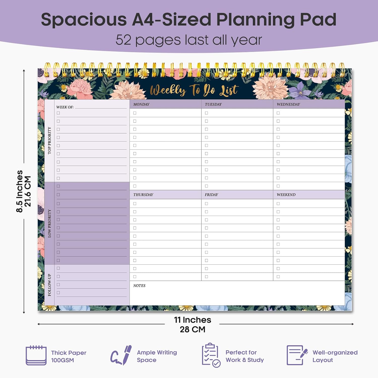 Taja Weekly To Do List Notepad, Undated Weekly Planner Pad, 8.5" x 11" image 3