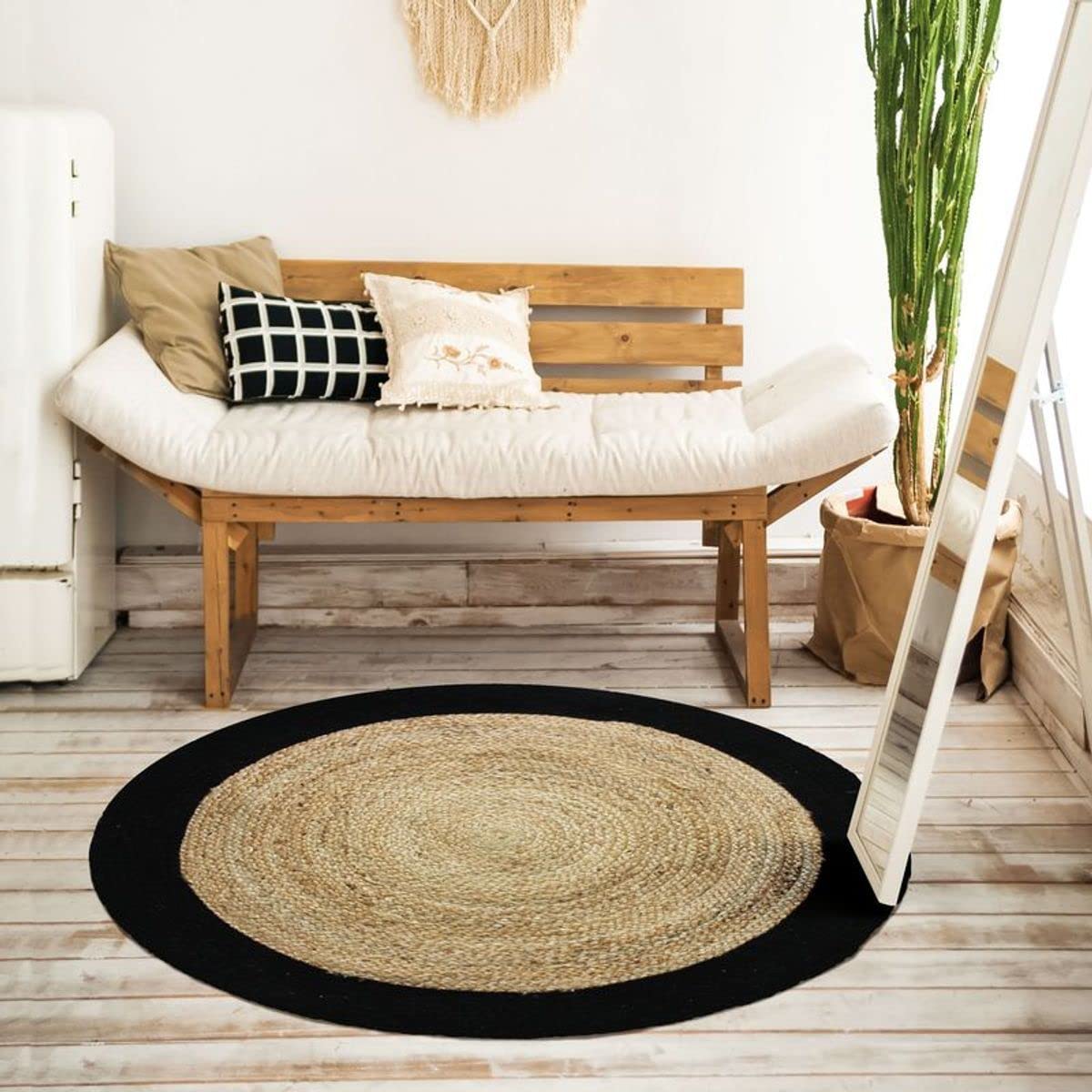 Thedecofactory Tapis Rond en Jute Coton Bande Noire diam.120