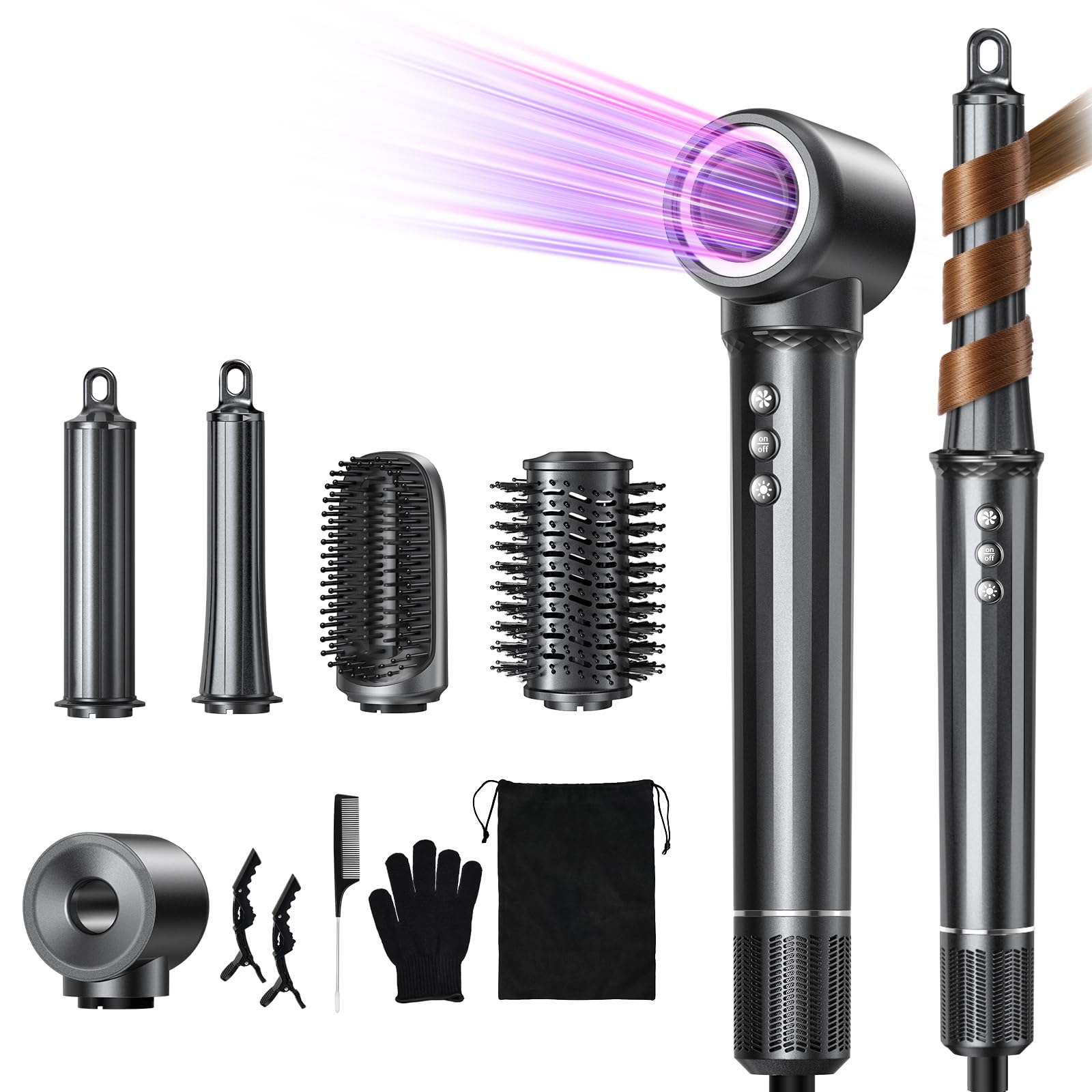 Airstyler 5 in 1 Hairstyler 110000 U/min Professioneller Ionen Föhn | mit 2 Größe Lockenstab Auto-Wrap, Volumenbürste, Haarglätter Bürste, Haarstyler zum Schnelltrocknend, Keine Hitzeschäden