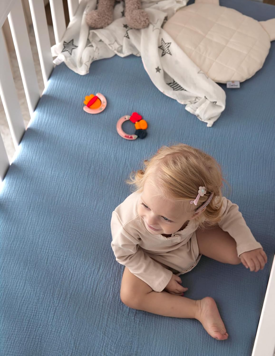 Momcozy Muslin Mini Crib Sheets Fitted - 38''x26'' Pack and Play Sheets for Pack N Play Mattress, 2 Pack Soft & Breathable Natural Cotton Non Slip Bed Cover for Boys, Girls, Grey Blue