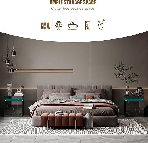 Miniatura 4 de Mesita de noche de mármol sintético negro, estación de carga y luces LED, moderna mesita de noche de alto brillo, mesita de noche con 2 cajones,