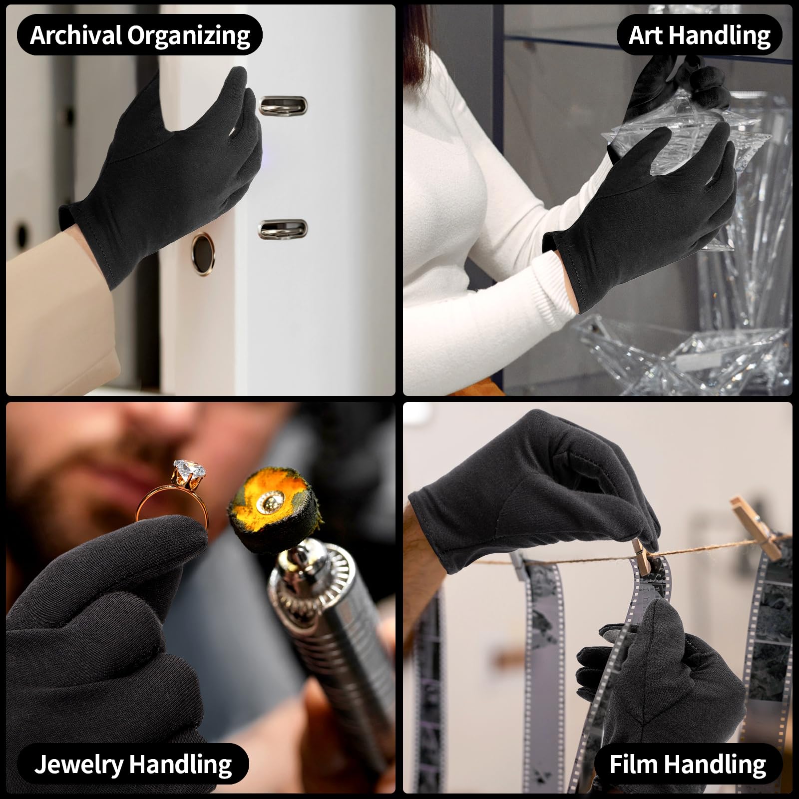 5 pares de guantes pequeños de algodón negro para dormir las manos secas, guantes de trabajo negros para manejo de monedas, joyas, fotografía, para hombres y mujeres, con 20 calcomanías para