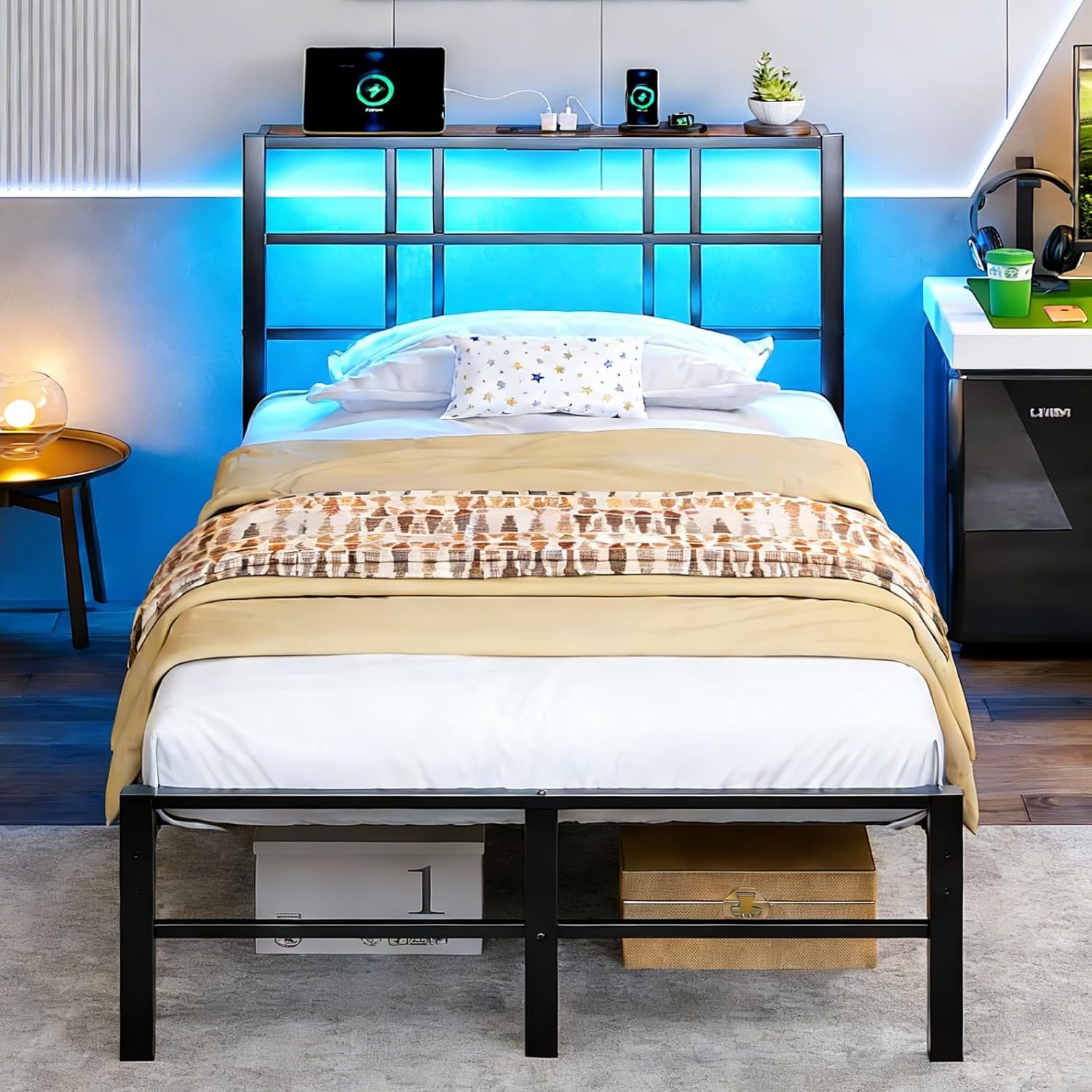 VINGLI Twin Bed Frame with Storage Headboard, LED Lights, and Charging Station, Single Metal Platform Panel Bed with Wooden Storage Shelf, Underbed Storage Space, Apartement, Black