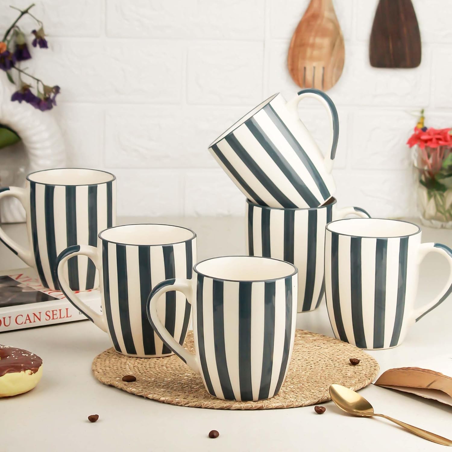 The Earth Store Grey Stripe Coffee Mug – 420ml Capacity, Microwave and Dishwasher Safe, Ceramic Coffee Mug for Home, Office & Christmas Gift | New Year Gift | Birthday Gift (Set of 6)