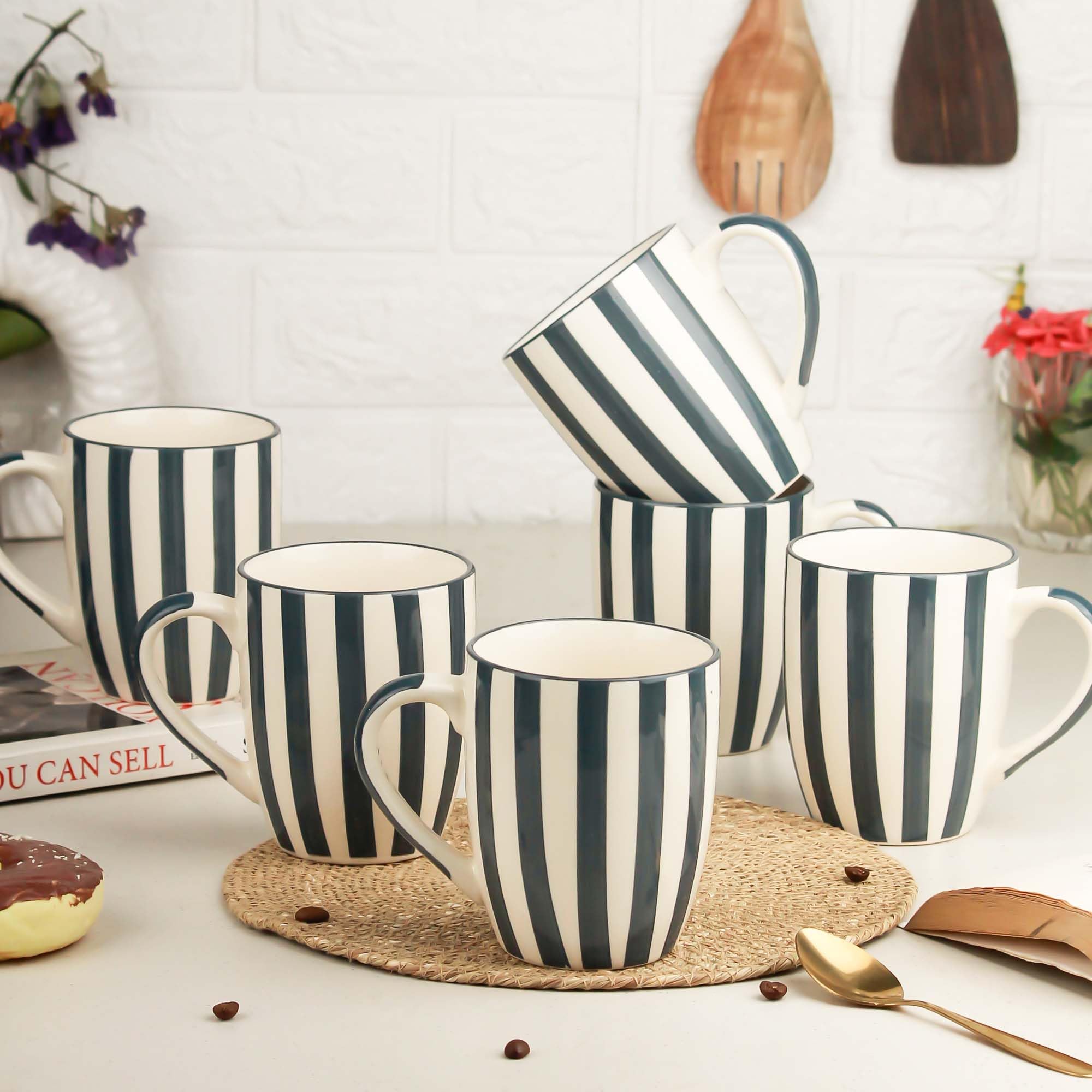 The Earth Store Grey Stripe Coffee Mug - 420ml Capacity, Microwave and Dishwasher Safe, Ceramic Coffee Mug for Home, Office & Christmas Gift | New Year Gift | Birthday Gift (Set of 6)
