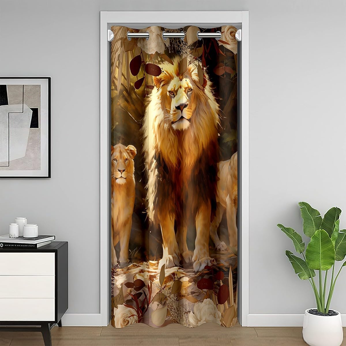 Watercolor Lion Door Curtain Brown Wild Jungle Animals Sunshine Decor Doorway Curtain Privacy for Kids Teens Adults Autumn Leaves Retro Plants Rustic Door Drape for Bedroom Closet Door 34" W X 80" L