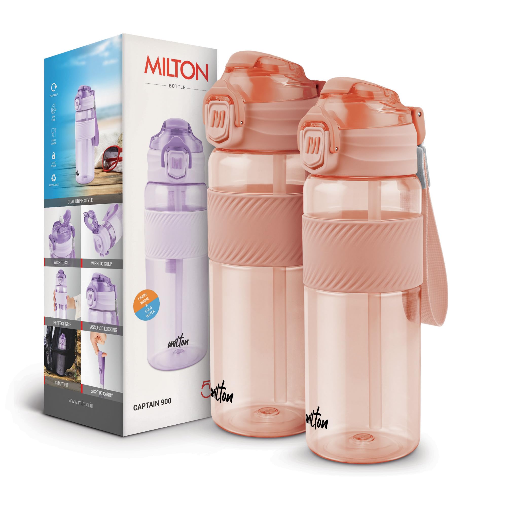 Milton Captain Unbreakable Plastic Water Bottle 850 ml Sip Plus Gulp,BPA-Free & Leak-Proof with Hand Strap,Ideal for Gym Workouts,Outdoor Adventures,School & Office Durable & Convenient,set of 2,Peach