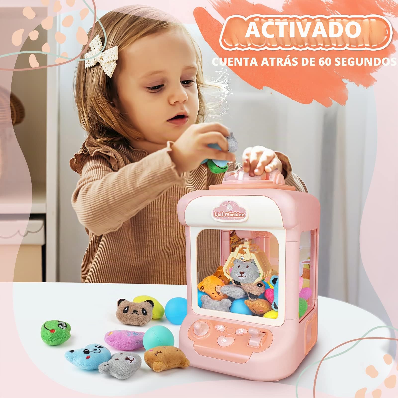deAO Máquina de Garras Juguete con Música, Incluidy 20 Peluches, 10 Gashapones, Mini Máquina de Garras Buen Regalo para Cumpleaños, Navidad, Fiestas, Juego de Fiesta
