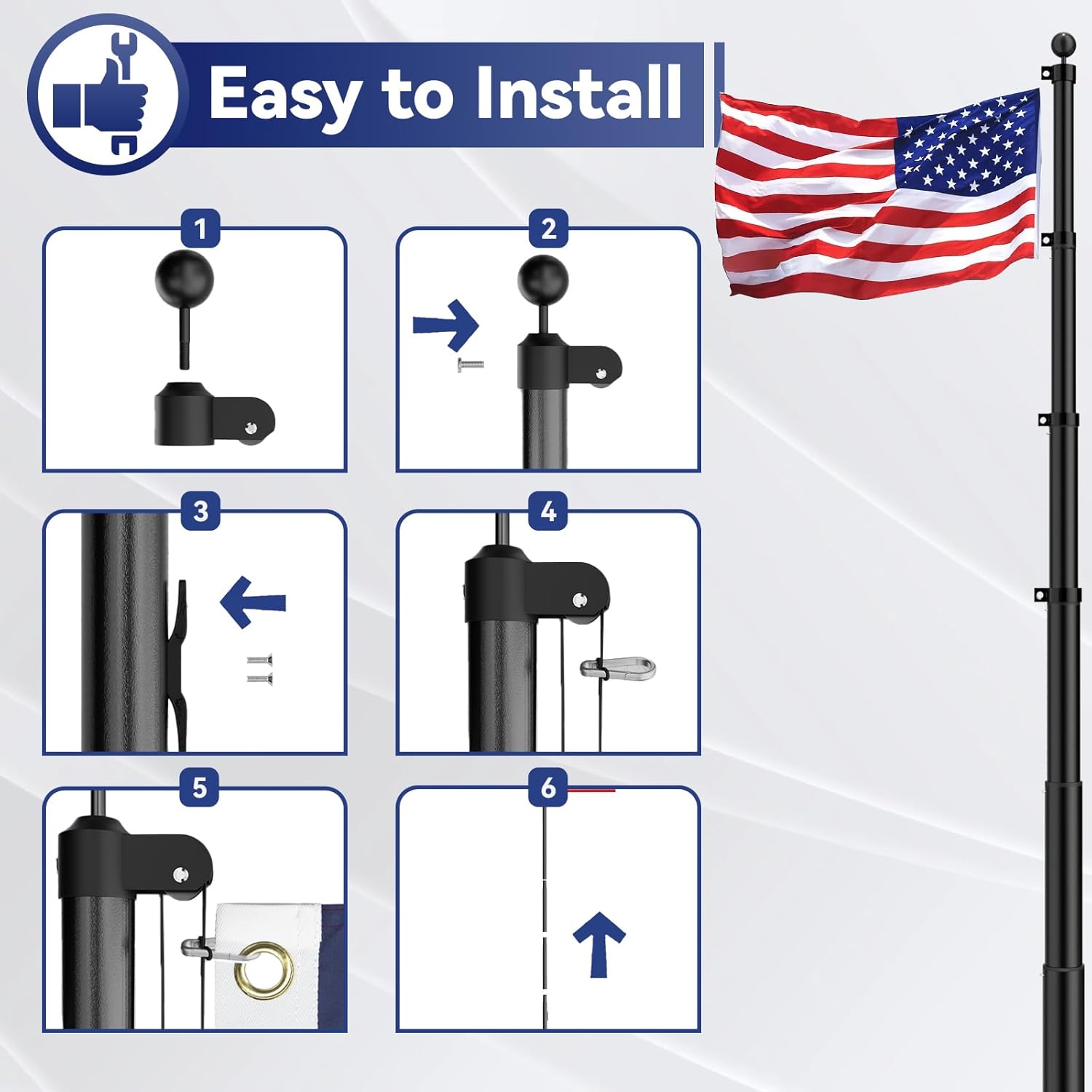 Heavy Duty Flag Pole Kit, 25 FT 12 Gauge Extra Thick Aluminum Flagpoles for Outside House in Ground, 3x5 Embroidered American Flag for Residential or Commercial Use - Image 7