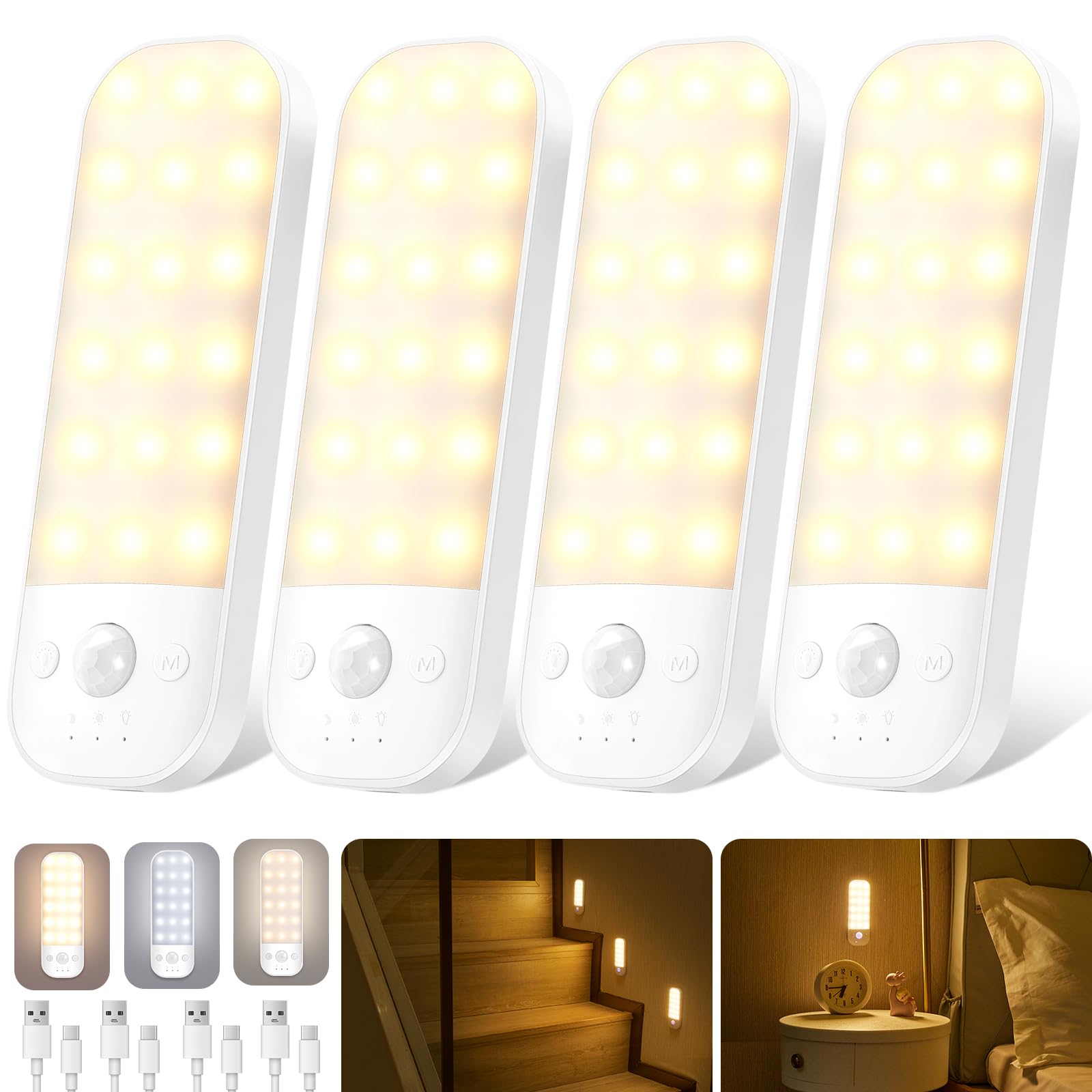 Ledronix Multicolor Motion Sensor Lights Indoor, 4 Pack Usb Rechargeable Led Night Light With 3 Modes, 3 Light Color, Stepless Dimmable, With Removable Magnet Sheet Stick-On Cupboard Lights Wardrobe Lights