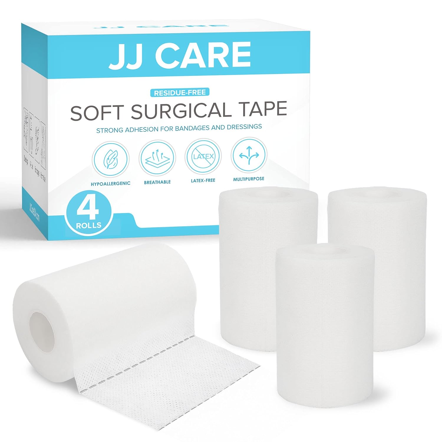 JJ CARE Soft Surgical Tape [Pack of 4], 4” x 10 Yards Soft Cloth Medical Tape for First Aid and Wound Care, Latex-Free, Breathable and Hypoallergenic Cloth Surgical Adhesive