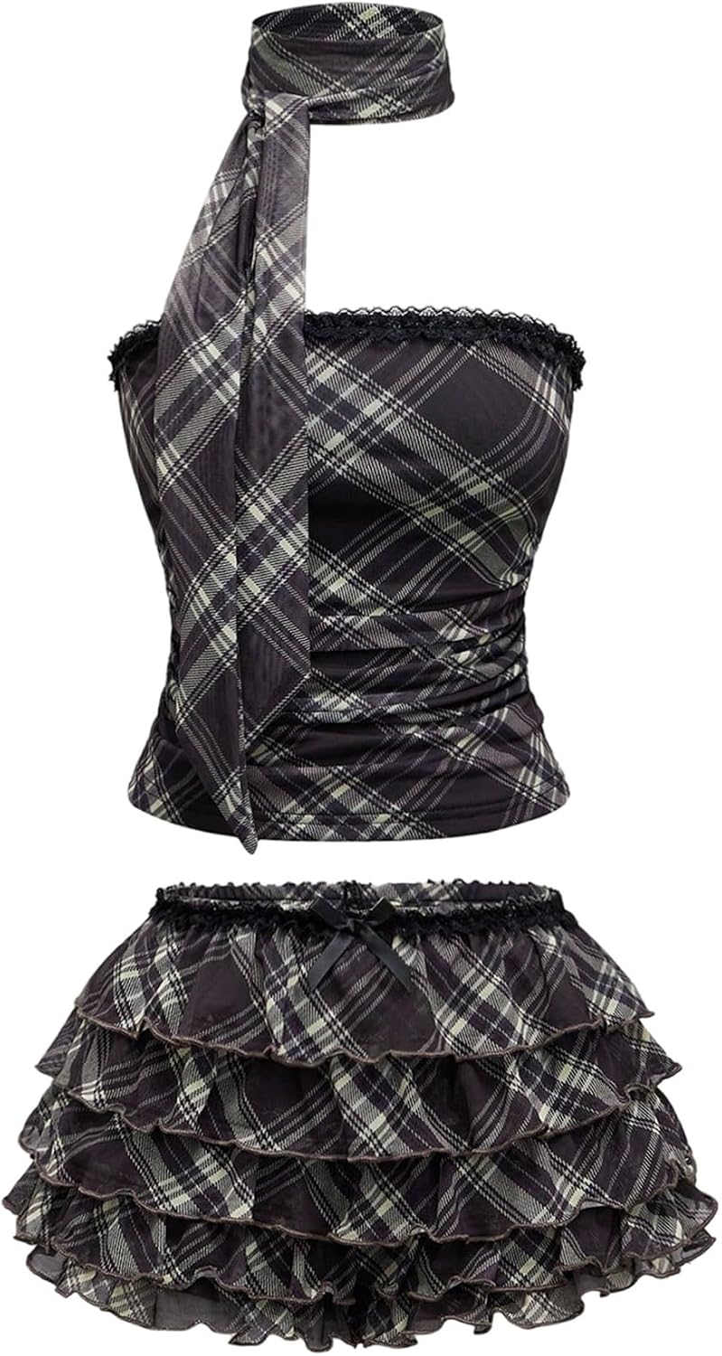 SHENHE Women's Y2k 2 Piece Sets Gingham Scarf Tube Top and Layered Ruffle Mini Skirt Set
