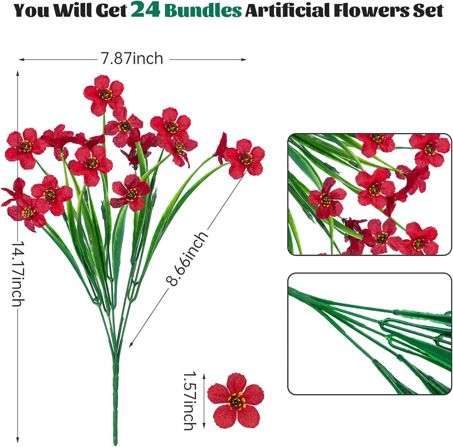 Lnoicy 24 Pcs Artificial Flowers for Outdoor,Plastic Flowers Decoration, UV Resistant Faux Flowers Shrubs, Artificial Plants for Indoor Outside Garden Home Wedding Farmhouse(Red) - Image 2