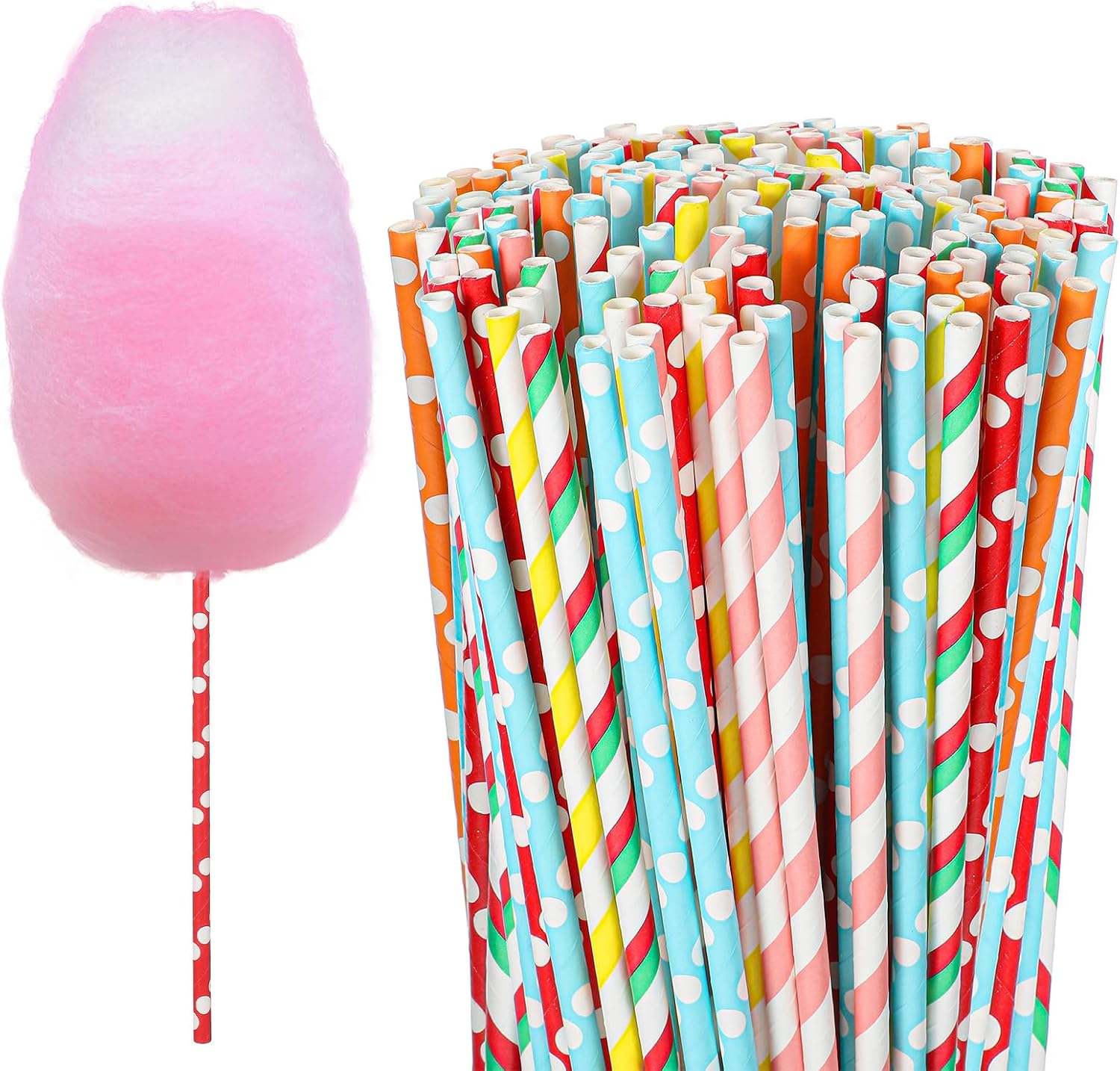 SHENLIU 400 Pieces Cotton Candy Cones, 13.8 Inch Extra Length Prevents Sticky Hands Bright Random Colors Cotton Candy Holder Stick Paper Straw Cones for Birthday Wedding Parties Events