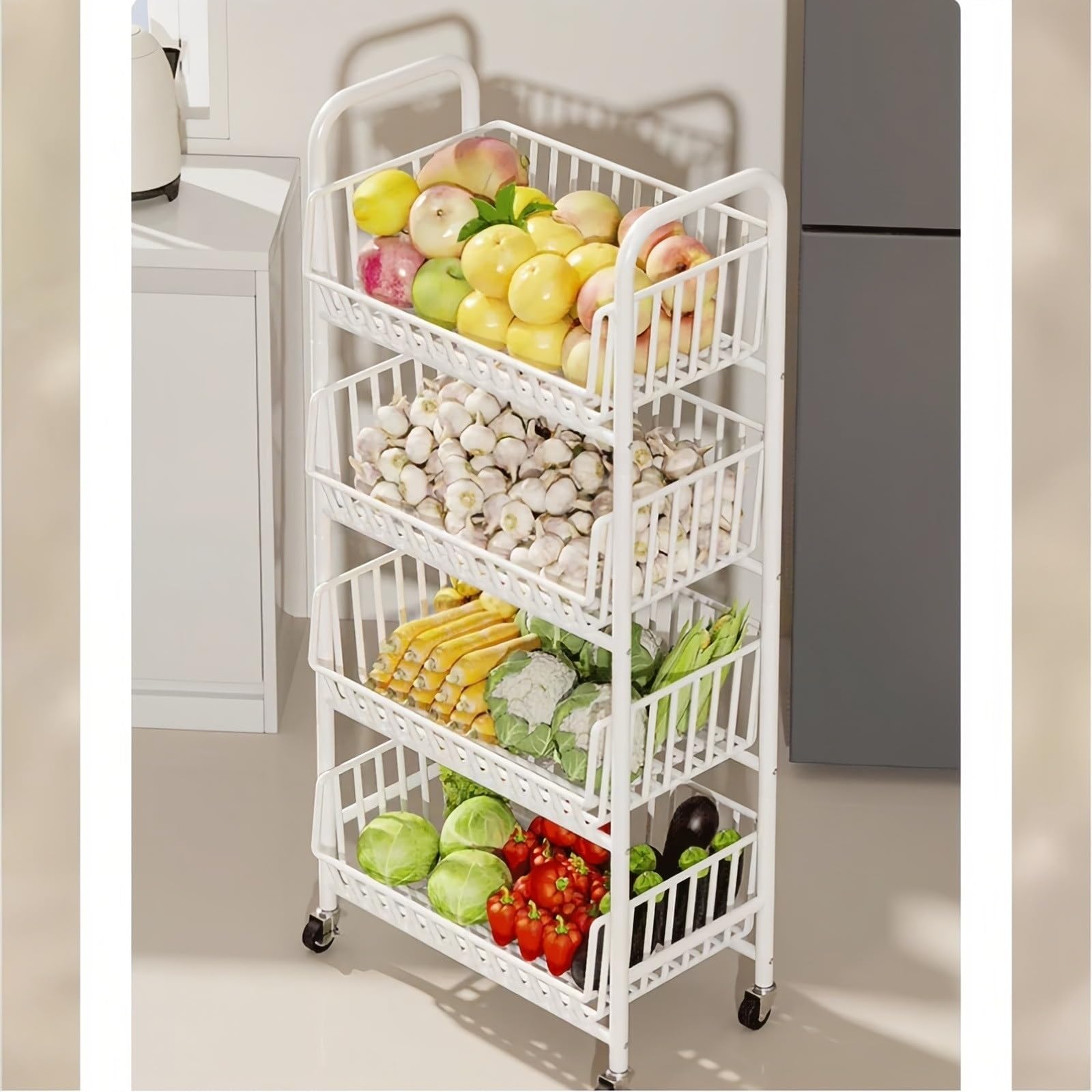 Carro rodante de 4 Niveles for Productos, Estante Almacenamiento Cesta Frutas y Verduras Cocina móvil Carro Utilitario(Blanco,Pequeño)