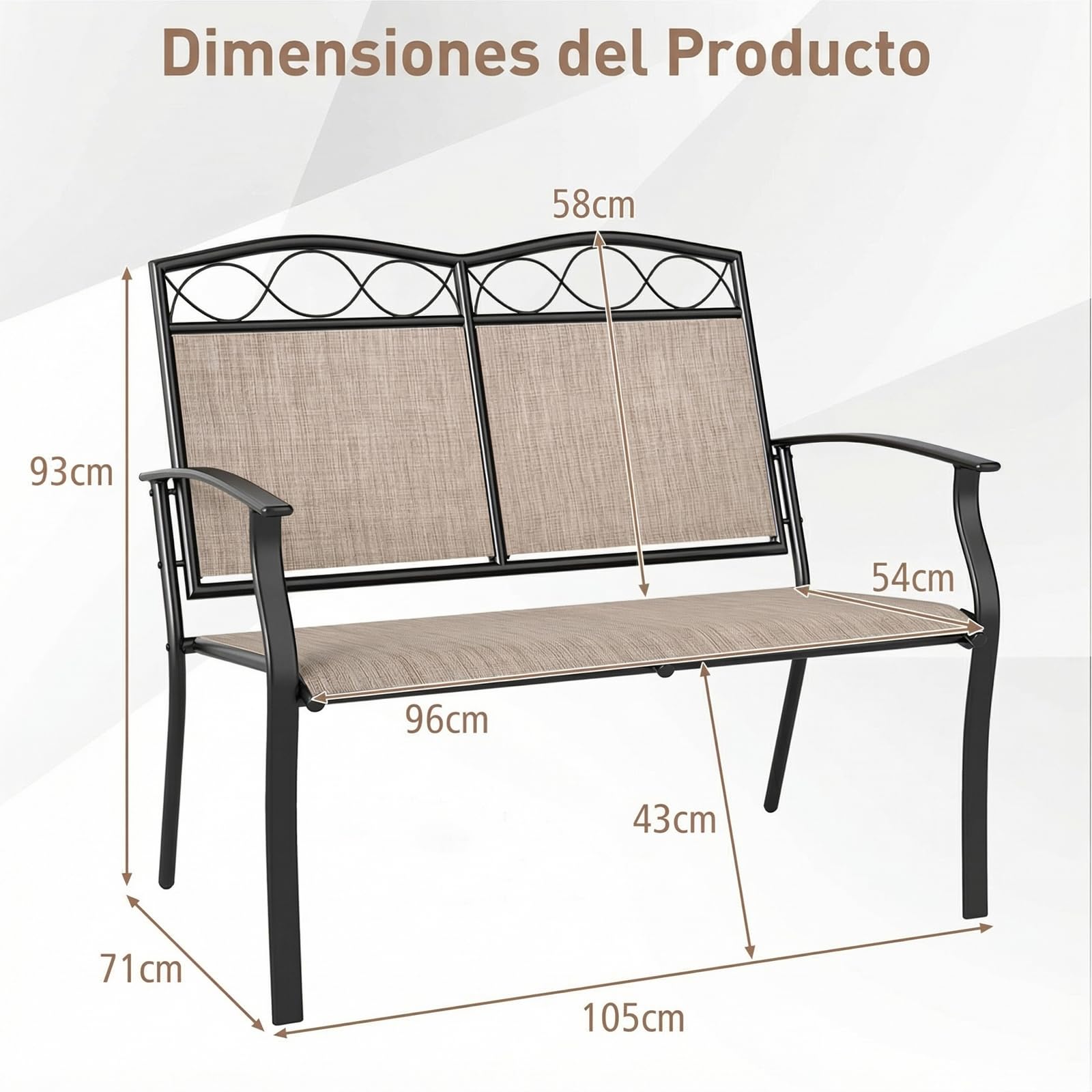 COSTWAY Banco Exterior para 2 Plazas, Tela Textilene Transpirable, Marco de Metal, Banco Jardín con Reposabrazos Curvos, Patio Terraza Piscina, 71 x 105 x 93 cm, Carga 300 kg