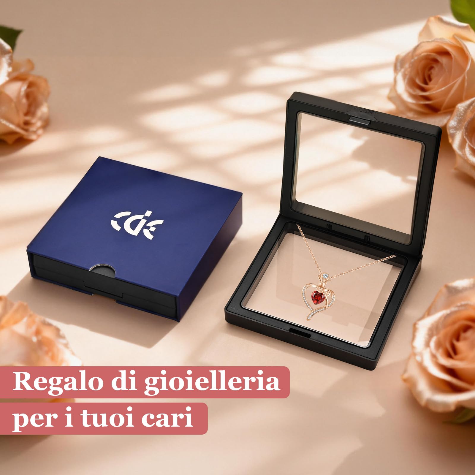 CDE Collana Oro Rosa Cuore Pendente Pietra di Nascita Gioielli per Lei | Argento S925 Gioielli Idee Regalo Donna Compleanno Natale Anniversario San Valentino per Fidanzata Amica Moglie Mamma