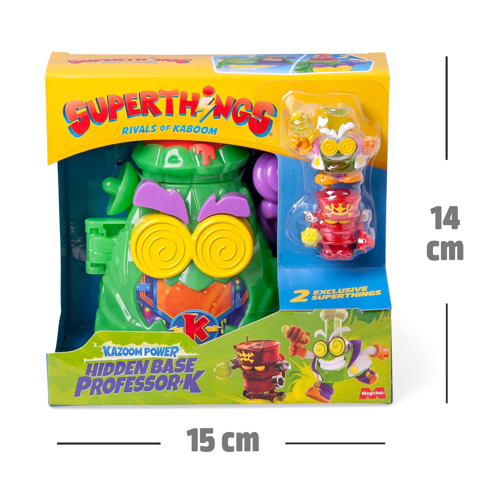 SUPERTHINGS KAZOOM Power – Hidden Base Professor K. Guarida del Professor K de la Serie de TV “Kazoom Power”. Contiene 1 Hidden Base, 1 Professor K Exclusivo, 1 Robotoxic Exclusivo
