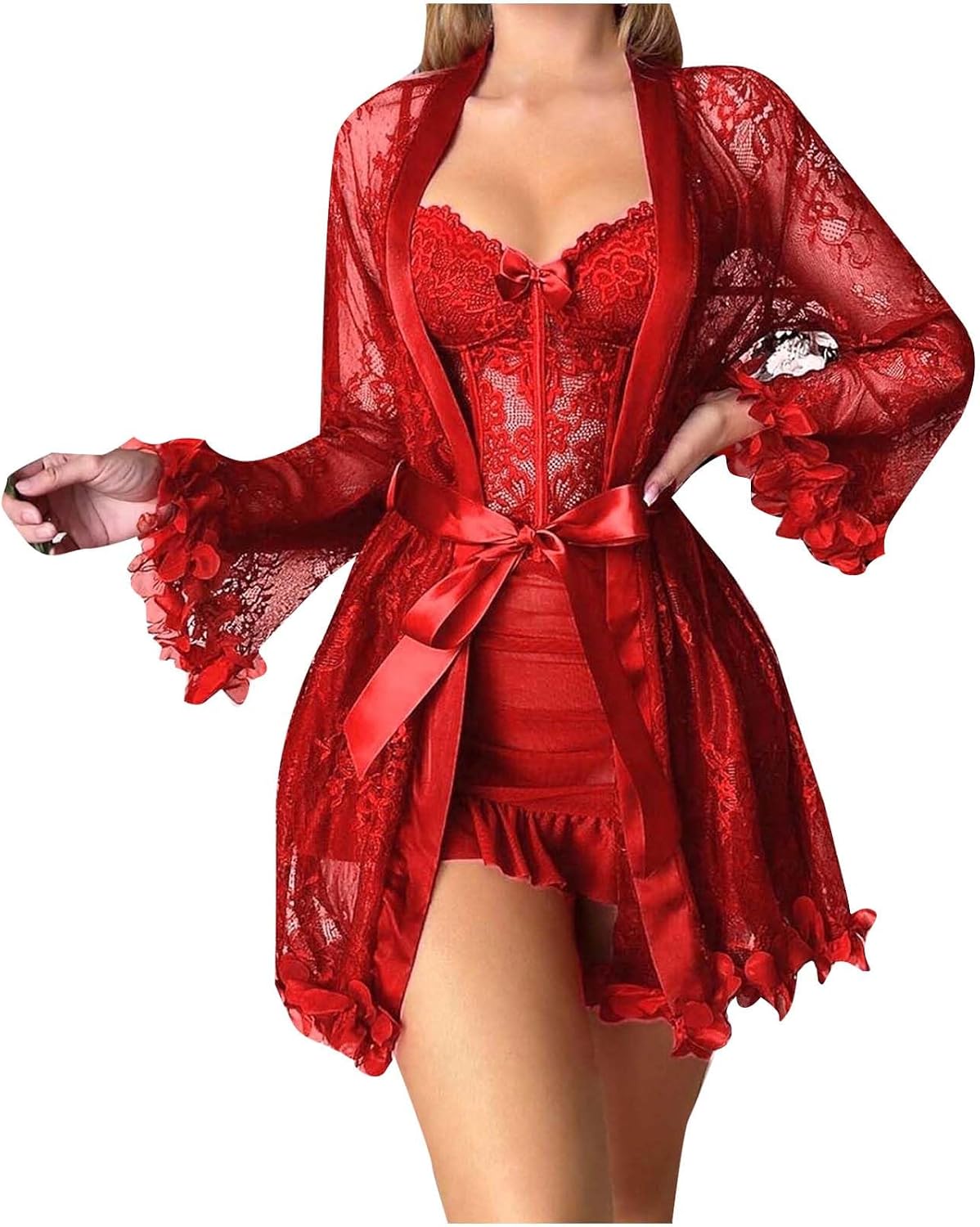 Oplxuo Lingerie Set for Women Sexy - 2 Piece Babydoll & Lace Robe Set Strap Chemise Sleepwear Mesh Nightgown Ruffle Nightwear