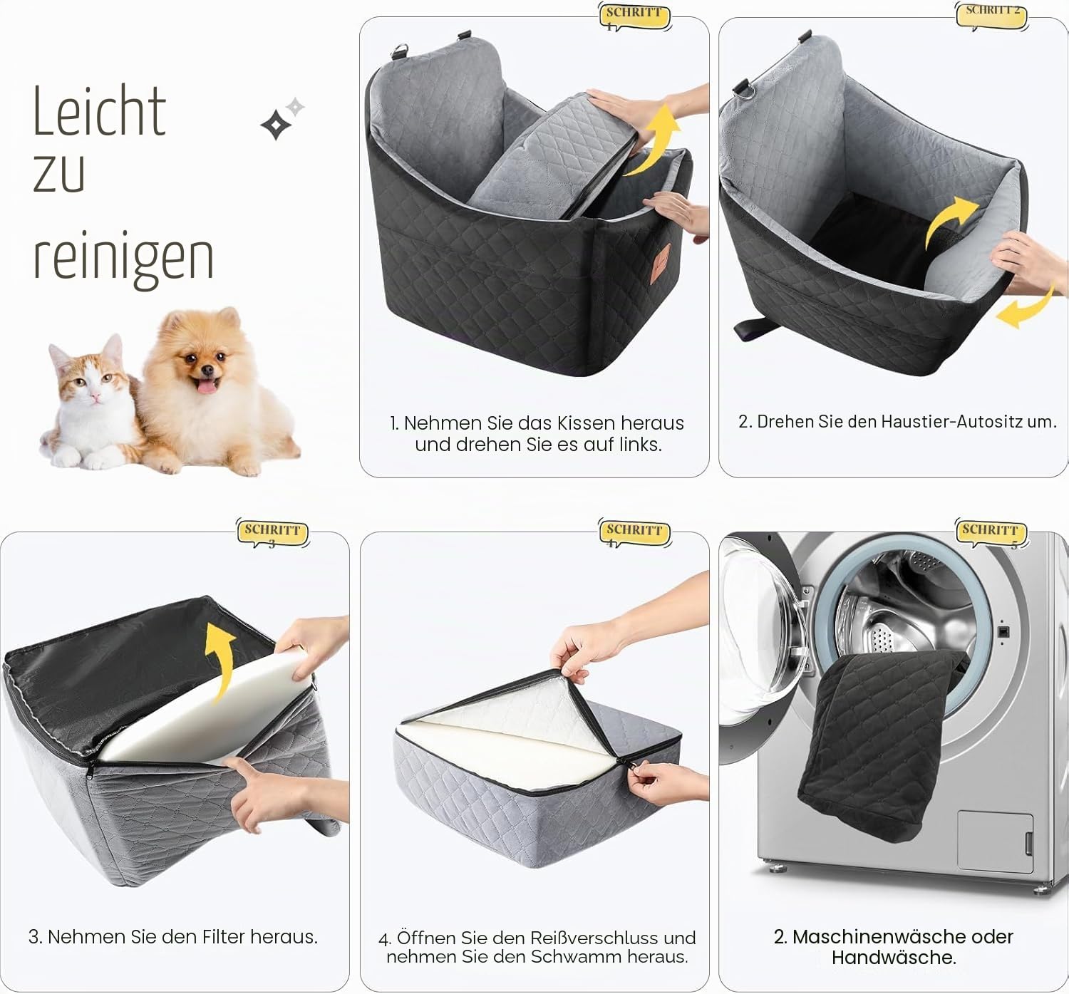 Hunde Autositz für Kleine/Mittlere Hunde, Memory-Schaum Erhöhter Hundesitz Auto, Abnehmbar & Waschbarer Hundebett Auto mit Aufbewahrungstaschen und Sicherheitsleinen (Schwarz Grau, Mittel)