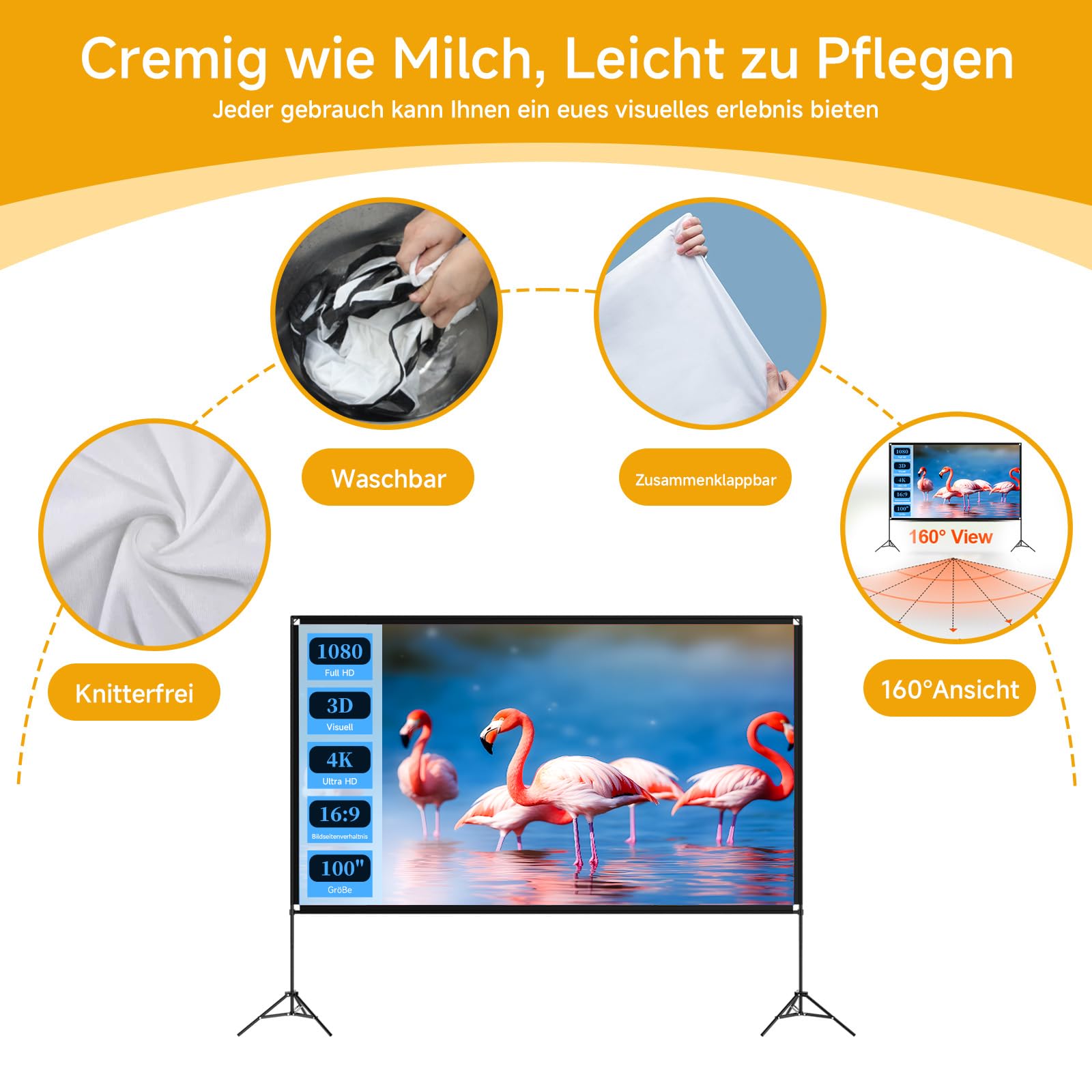 VISULAPEX 120” Beamer Leinwand mit Stativ, 16:9 4K HD Projektor Leinwand Tragbar, Faltbare leinwand Beamer mit Tragetasch für Heimkino Gartenkino Theater Nächte