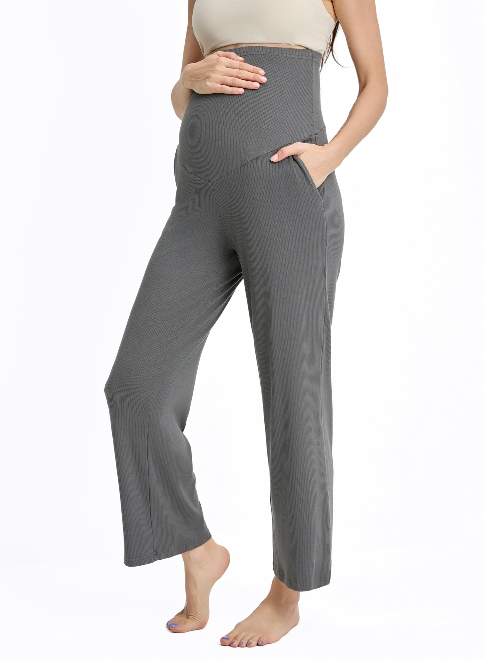 Liu & Qu Womens Maternity High Waisted Lounge Pants Casual Stretchy Ribbed Palazzo Pants Pregnancy Trousers with Pockets