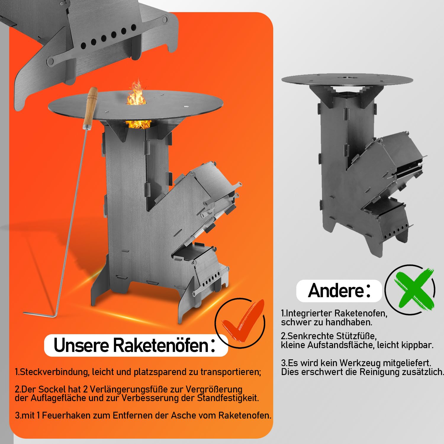 Raketenofen mit Grillplatte groß 5mm, Rocket Stove aus massivem 3 mm dickem Stahl, mit Feuerhaken, Kanonenofen Stecksystem mit 2 zusätzlichen Standfüßen，Holzofen Outdoor für Camping, BBQ, Dutch Oven