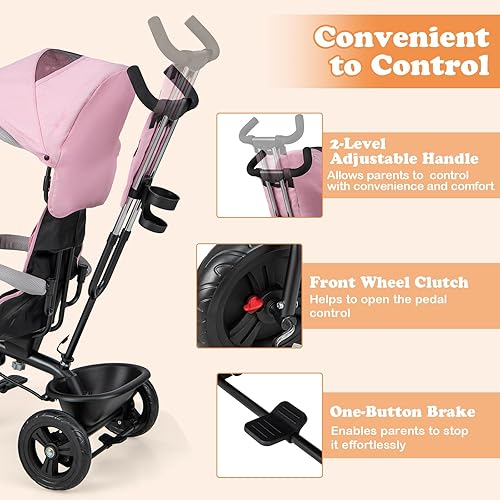 Miniatura 6 de BABY JOY Triciclo, bicicleta 4 en 1 para niños pequeños con toldo extraíble, asa de empuje ajustable, asiento reversible, cinturón de seguridad,